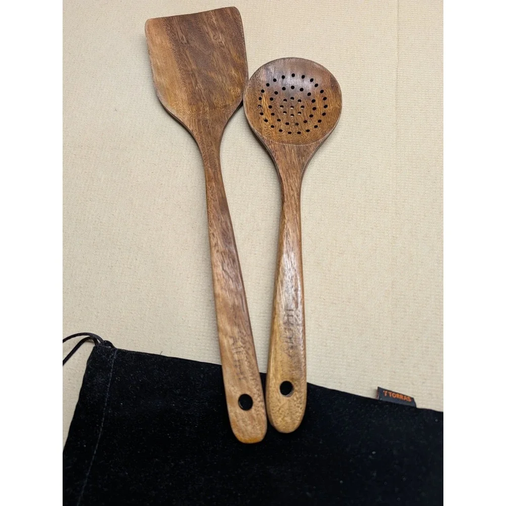 Aiuhi Wood Utensils Spatula & Slotted Spoon Teak Used But Lots Of Life Left